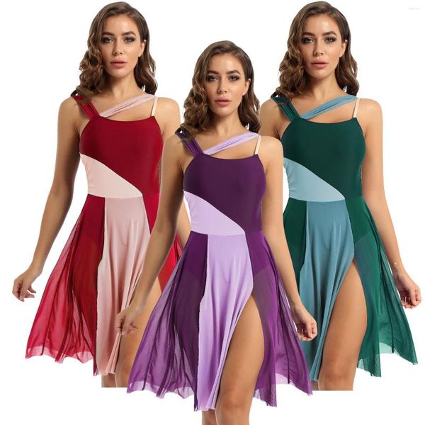 Vestuário de palco feminino sem mangas malha colorida bloco de cores trajes de vestido de dança lírica moderno contemporâneo balé collant performance dancewear