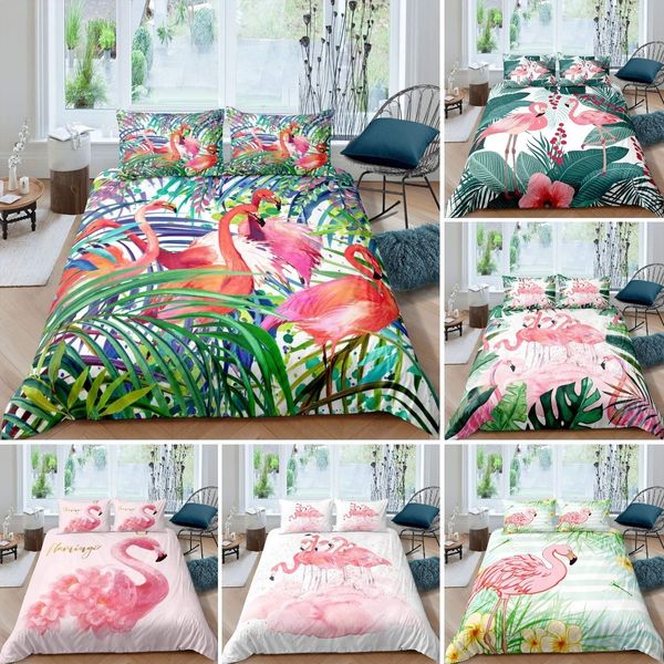Bettwäsche-Sets, Flamingo-Bettbezug, Hawaii-Inseln, tropisches botanisches Blumen-Palmblatt-Set für Kinder, Jungen und Mädchen, Grün 230615