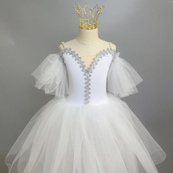 Stage Wear Bianco Lungo Romantico Tutu di Balletto Ragazza Vestito da Donna per Bambina Ballerina Tulle Adulto