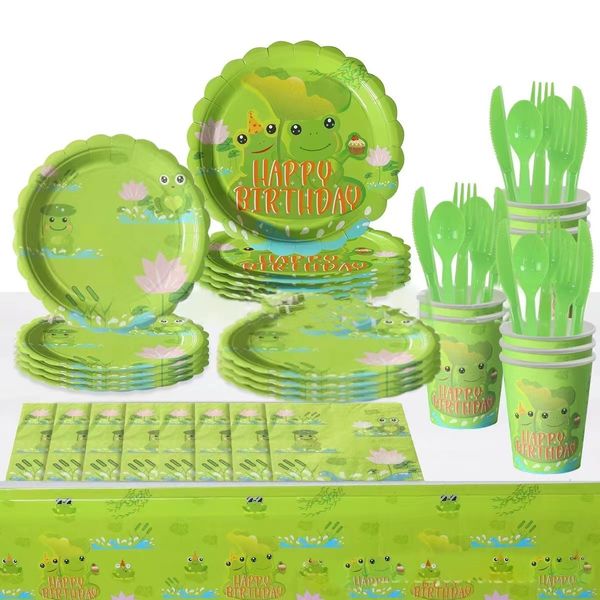 Tazze Piatti Utensili Frog Party Software desktop usa e getta Green Cup Board Decorazione per feste di compleanno per bambini Articoli per feste per doccia per bambini 230615