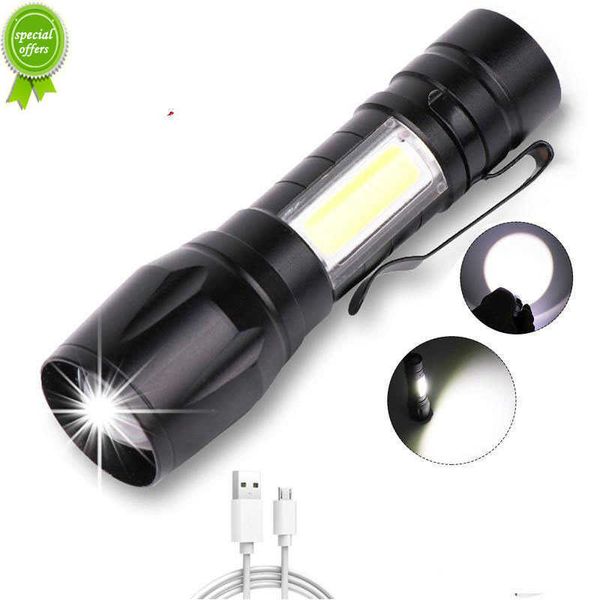 Nuova torcia portatile COB LED impermeabile tattica ricaricabile USB Lanterna da campeggio Zoomable Focus Torch Light Lamp Night Light