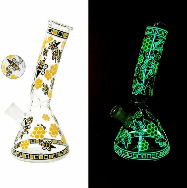 Bicchiere da 8 pollici in vetro per acqua Bong per tabacco Glow in Dark Yellow Bee Sticker Becher con ciotola maschio Downstem da 14 mm