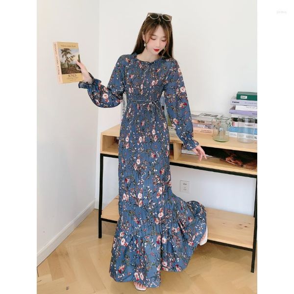 Casual Kleider Herbst Frauen Koreanische Version Stehkragen Online Promi Temperament Taille Floral Horn Langen Rock Chiffon Kleid