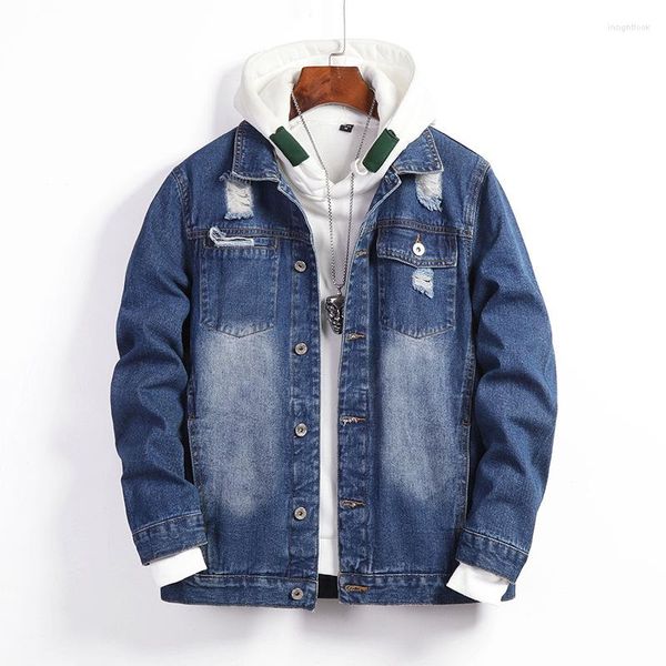 Мужские куртки плюс размер 6xl 7xl Spring Men's Hole Denim Jacket Высококачественная хлопковая уличная одежда мужская толстая джинсовая бренда.