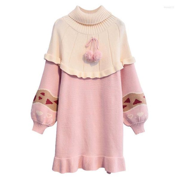 Sıradan elbiseler Sonbahar Kış Kadınları Tatlı Lolita Örgü Bahar Fashoin Girly Sweaters Mini Sevimli Patchwork fırfırlar pembe dış giyim