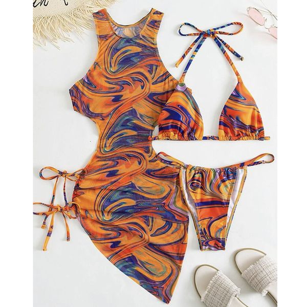 Zweiteilige Anzüge Damen-Bademode 3-teilige Badeanzüge für Frauen Gepolsterter String-Bikini mit Blumendruck Badeanzug-Set Sexy Cutout High Neck Mesh Beach Cover Up 230616