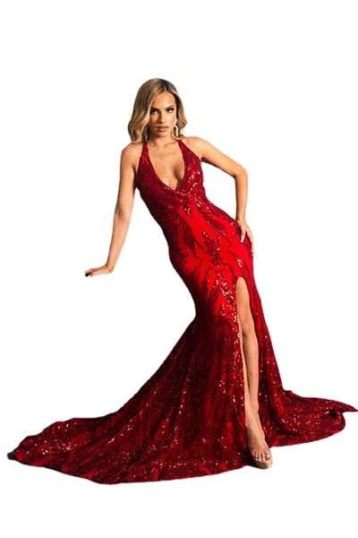 Abiti da sera formali con paillettes rosso scintillante Abiti da occasione speciali con sirena con spacco sul davanti senza schienale sexy Abiti da cerimonia per donna austriaca