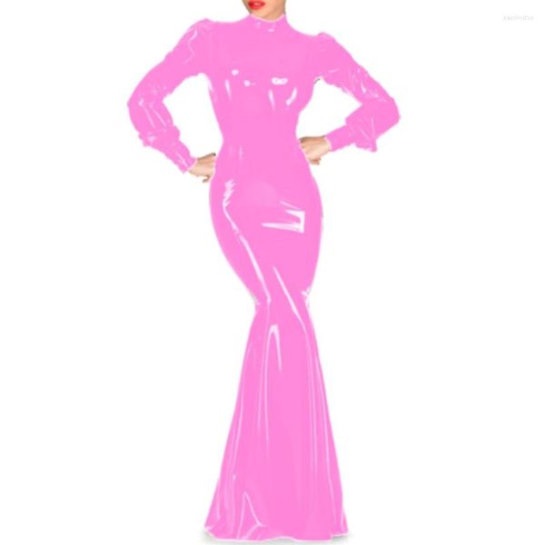 Casual Kleider Frauen Kunstleder PVC Bodycon Meerjungfrau Maxi Kleid Mantel Schlank Elegante Sexy Party Langarm Clubwear Abend S-7XL