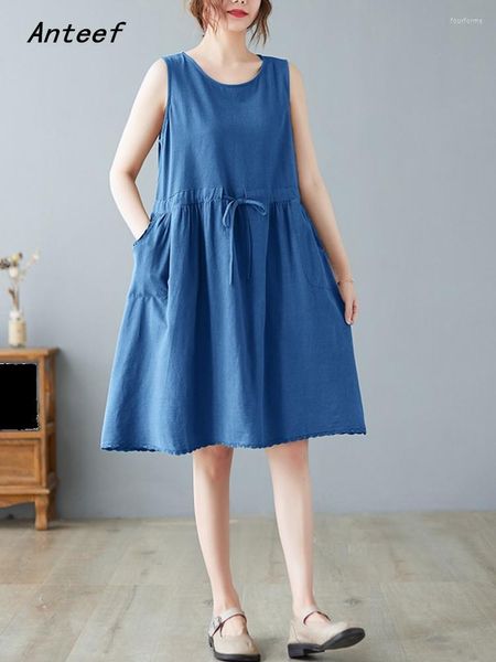 Lässige Kleider Anteef Ärmelloser Riemen Baumwolle Leinen Vintage für Frauen Lose Midi Sommer Tank Kleid Elegante Kleidung 2023