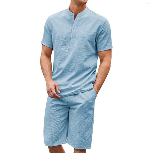 Tute da uomo Uomo Set hawaiano Spiaggia 2023 Estate Manica corta Bottone Colletto alla coreana Pantaloncini da surf 2 pezzi Streetwear Cotone Lino