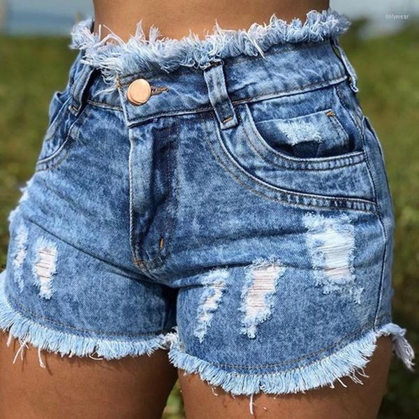 Damen Jeans Damen Sommer Denim Shorts Slim Ripped Hole Jean Femme Skinny Quaste Vintage Blau Hohe Taille