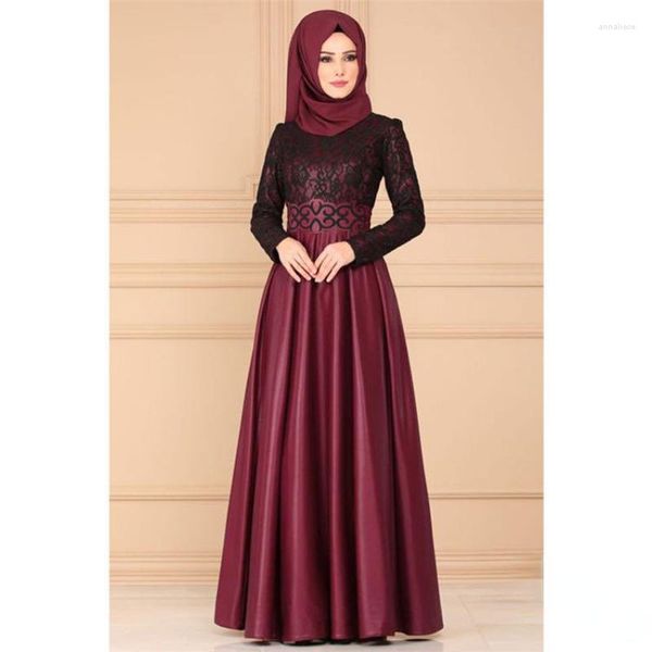 Ethnische Kleidung Spitze getäfelte muslimische Frau Abaya Vintage Maxi Kleider Islam Langarm schlanke Abendkleid Robe Longue Abend Vestido Dubai