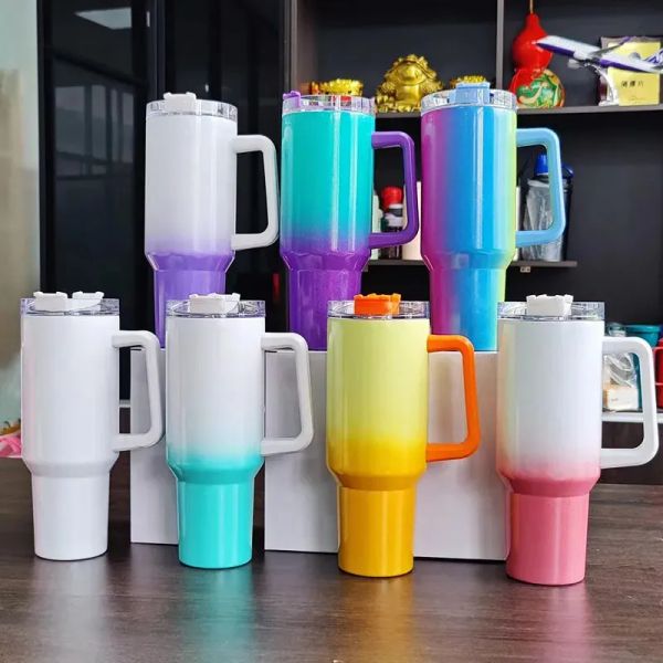 40-Unzen-Becher mit Regenbogenfarbe, Becher mit Griff, isolierte Thermosflaschen mit Deckel, Strohhalm, Farbverlauf, glitzernde Kaffeetassen aus Edelstahl JN16