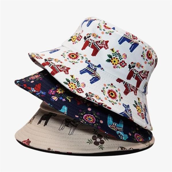 Berets Luxury Designer Brade Buckte Hat Women Horse Hors Print Cotton Fisherman на открытом воздухе граффити Sun Cap Springberets4282290p