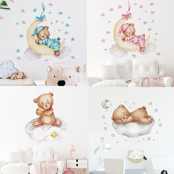 Adesivos de parede de desenho animado ursinho de pelúcia lua para quarto de bebê adesivos de decoração de berçário papel de parede menino meninas quarto de bebê decalques de parede