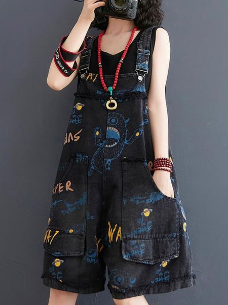 Damen-Overall, Strampler, japanische Jeans-Overalls mit hoher Taille, Damen-Brief-Graffiti-Druck, Fünf-Punkt-Hosen mit weitem Bein, XL, lockere Freizeit-Overalls, Sommer 230615