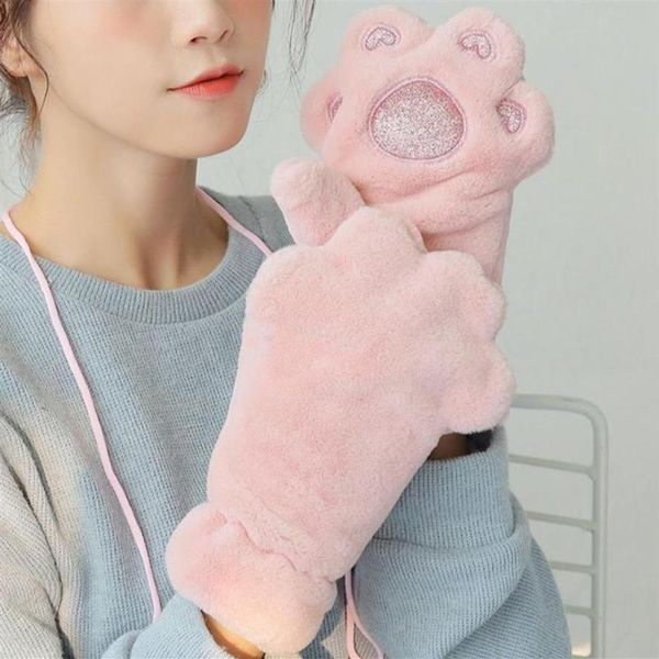 Guanti a cinque dita Donna Cute Cat Claw Guanti di peluche Guanti caldi morbidi corti senza dita Fluffy Bear Pink Costume Half Finger Party Gif482310T