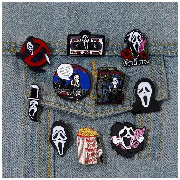 Pins Broches Call Me Esmalte Pins Whats Your Favorite Scary Movie Custom Lapel Badges Gothic Punk Skeleton Jóias Presente Para Amigos Dh8Ba