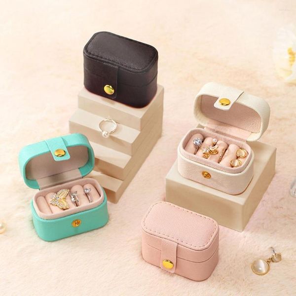 Pochettes à bijoux Portable Mini boîte voyage anneau boucles d'oreilles support organisateur bouton fermeture Faux cuir affichage mallette de rangement