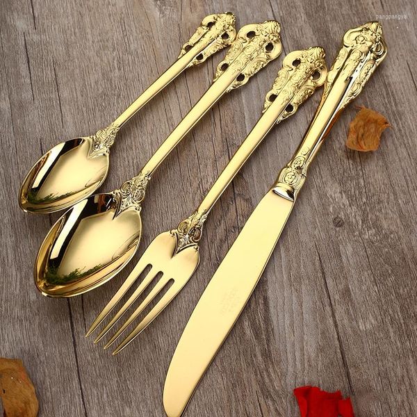 Conjuntos de louça 1pcs talheres de ouro de aço inoxidável colher de jantar bife faca garfo luxo europeu dourado e colheres de chá