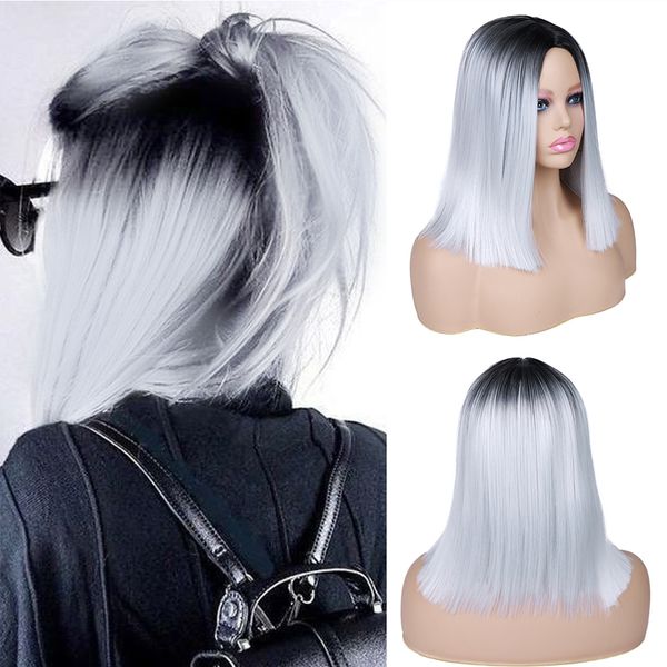 Cosplay Wigs Fave Ombre Straight Bob Preto Cinza Sintético Peruca Comprimento Do Ombro Parte do Meio Fibra Resistente ao Calor Cabelo de Festa Feminino 230617