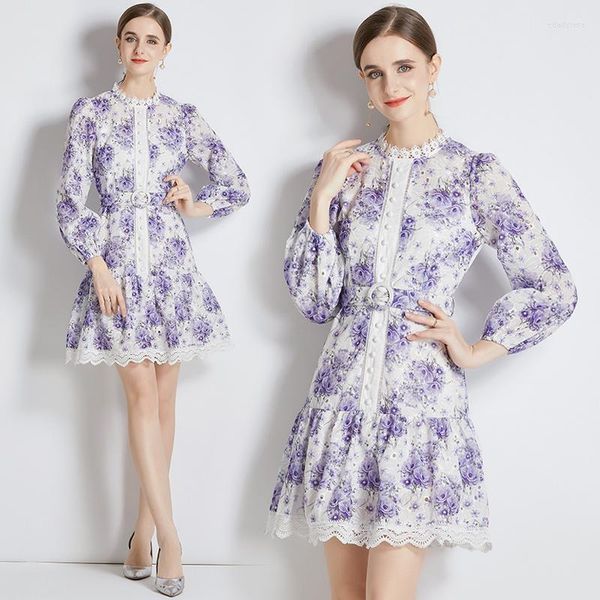 Vestidos Casuais Roxo Doce Cor Ocidente Mini Manga Comprida Outono Vestidos Único Peito Renda Elegante Mais Macio Todos Combinam