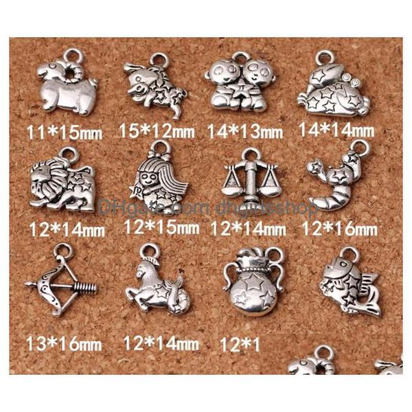 Charms 12 Segni zodiacali Pendenti Sier tibetano Raccordi delicati su due lati Accessorio per creazione di gioielli fai-da-te Risultati di consegna a goccia Comp Dhkmu