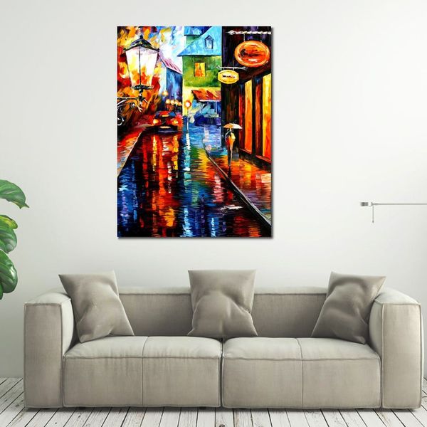 Modern Canvas Art Scene di strada intrappolate all'interno di Blue Rain Dipinti ad olio dipinti a mano Decorazioni per soggiorno