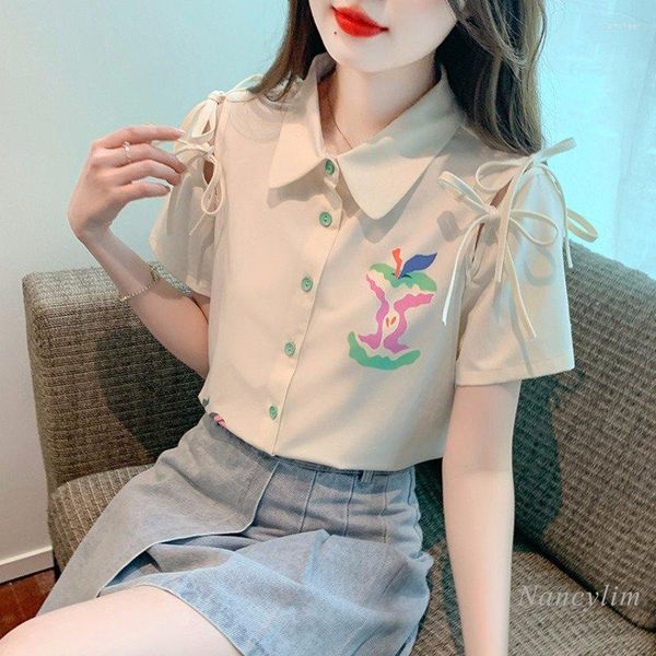 Blusas Femininas Moda Coreana Estampadas Camisa de Chiffon de Manga Curta Para Mulheres Verão 2023 Blusa com Cadarço Tops Chique Lindo Botão