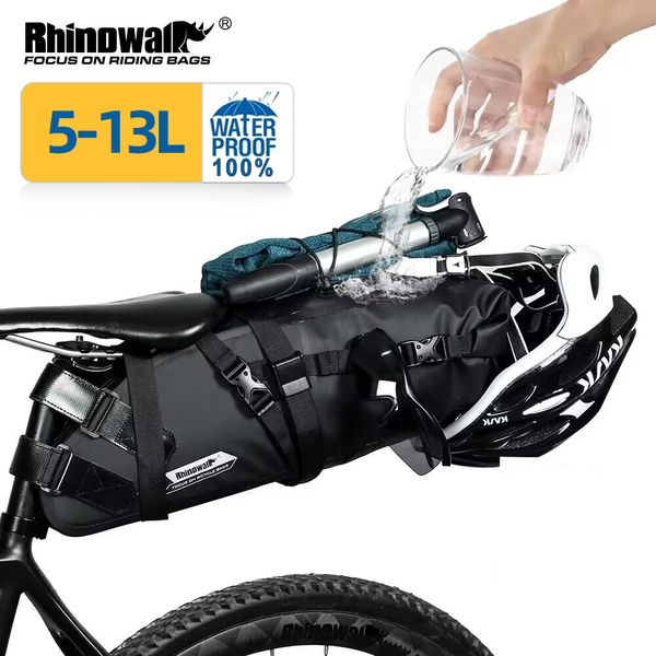 Alforjes para bicicleta Rhinowalk Saco de sela de bicicleta à prova d'água refletivo grande capacidade dobrável cauda traseiro saco ciclismo MTB baú alforje preto 230616