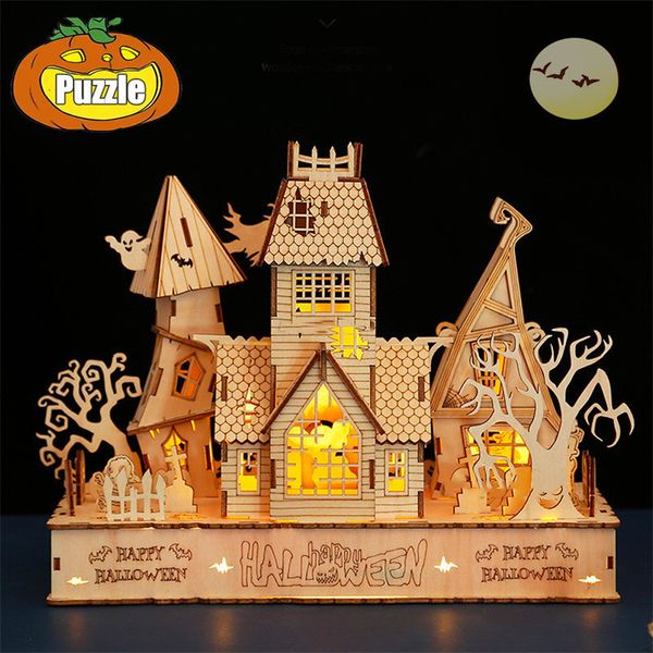 Quebra-cabeças 3D 3D Halloween Casa Assombrada Quebra-cabeça de Madeira Casa da Árvore Fantasma Luz DIY Modelo Kits de Artesanato Decoração de Mesa Brinquedos Presente para Crianças 230616