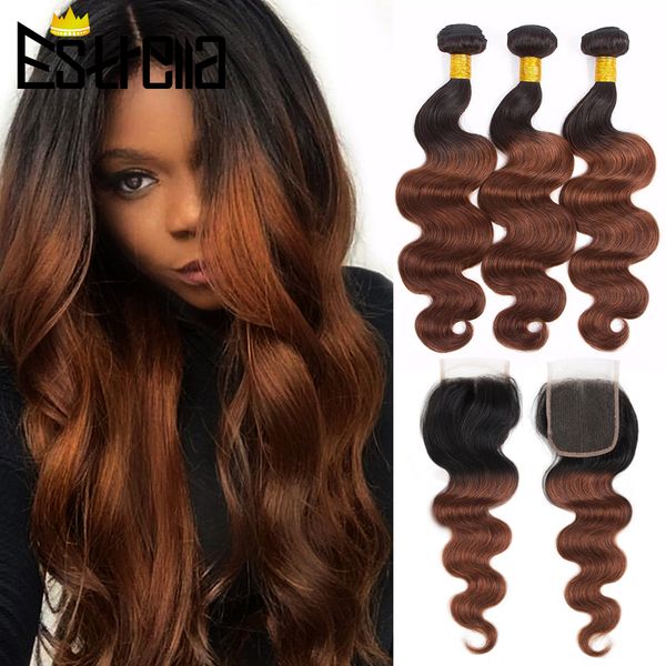 Volumes de cabelo Ombre Chocolate Castanho Feixes com Fechamento Onda Corporal Peruana 1B 33 Colorido Humano e 44 Rendas 230617