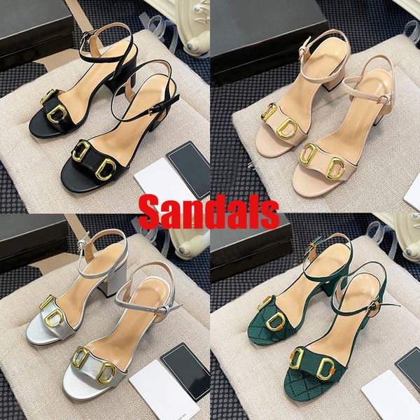 Fashion Mid Heel Horsebit Sandali scarpe da donna champagne nero bianco Albicocca argento pelle beige tela denim pantofole tacchi alti sandalo donna di lusso