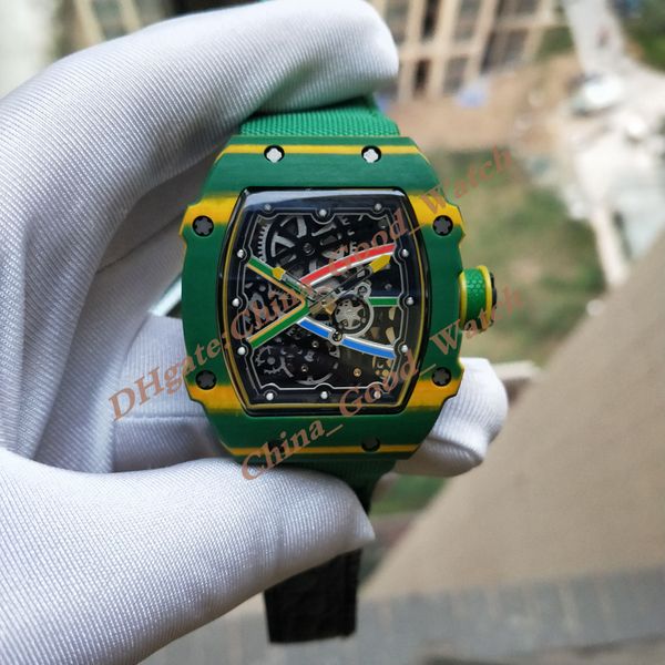 Relógios masculinos com movimento automático bisel verde vidro safira relógios fibra de carbono material ultraleve pulseira de couro relógios masculinos relógios de pulso