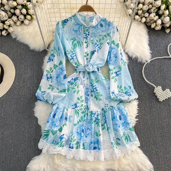 Primavera Feminina Oca Estampa Floral Vestido Curto Gola Suporte Decoração Manga Longa Vestidos Femininos Verde Azul Vestidos 2023
