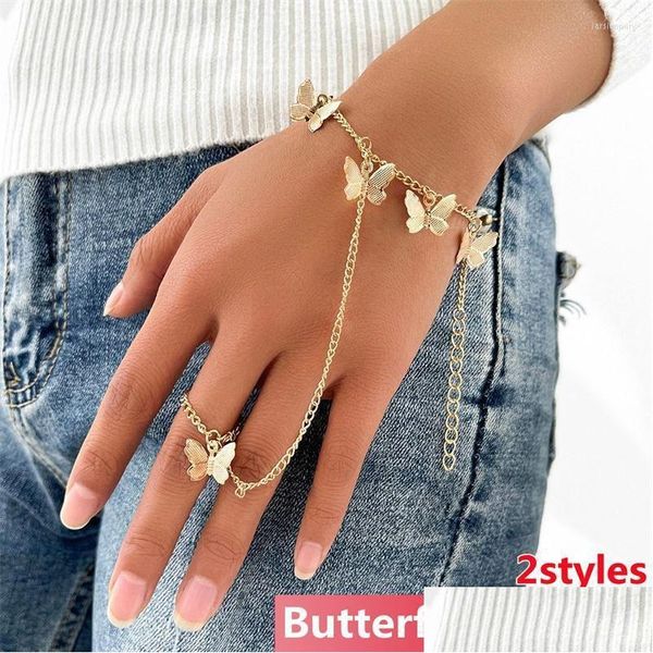 Pulseira Vintage Elo De Corrente Com Anel De Dedo Pulso Borboleta Dourado Simples Para Mulheres Charms Lady Trendy Estética 2022 Jewelrylink Dro Dhm0V