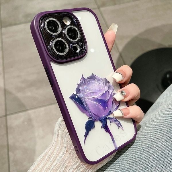 Moda simulada rosa diamante proteção de lente capa de telefone para iPhone 15 14 13 12 11 Pro Max Plus capa resistente a quedas e sujeira