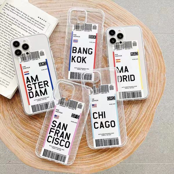 Casos de telefone com design de cartão de embarque de moda para iphone 15 14 13 12 11 Pro Max XsMax Xr Xs X 7 8 Plus TPU macio à prova de choque Crystal Clear Capa para celular