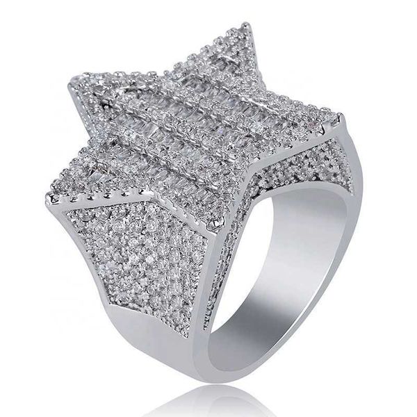 New Hip Hop Rock Five Star Rings Uomo Luxury Gold Silver Color Strass Zircon Pentagram Rings Women Wedding Party Gift