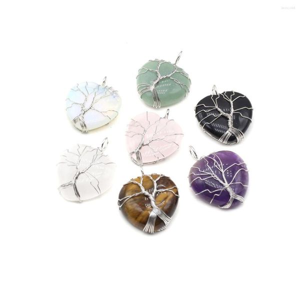 Anhänger Halsketten Naturstein Anhänger Baum des Lebens Wire Wrap Amethyste Kristall Herz für Schmuckherstellung DIY Frauen Halskette Ohrringe Geschenke