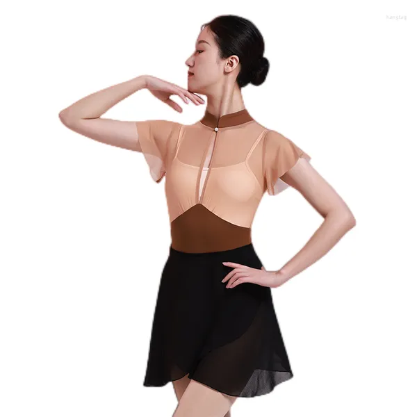 Vestuário de palco para treinamento de balé adulto Malha emendada Roupas para prática de dança Cheongsam Collar Body Basic Gym