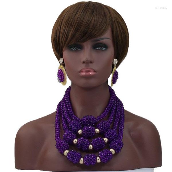 Colar Brincos Conjunto Charmoso Roxo Declaração Africana Pingente De Cristal De Casamento Bib Jóias Noivas QW257