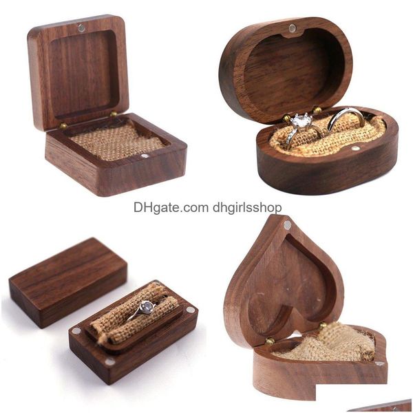 Scatole per gioielli 1Pcs Anelli in legno Organizer Display Custodia da viaggio Custodia portatile Scatola a forma di cuore / quadrata Imballaggio in noce Drop Del Dhqbf