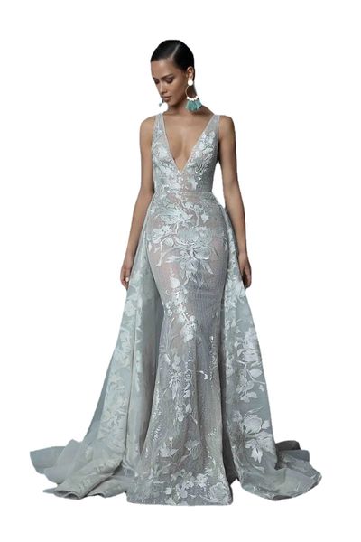 Berta Prom Dresses Scollo a V Appliques in pizzo Abiti da sera a sirena Treno staccabile su misura Plus Size Abito per occasioni speciali