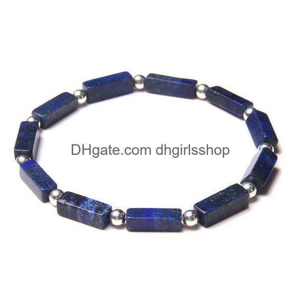 Pulseira com contas Lapis Lazi para homens Natural polido Rec Stone Pulseiras Sier Color Contas redondas Charm Bangle Feminino Jóias Drop Deliv Dheou