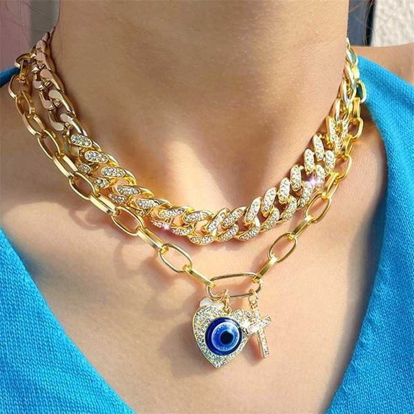 Anhänger Halsketten Vintage Türkische Kristall Herz Böse Augen Kubanische Kette Halskette für Frauen Männer Mehrschichtige Gold Farbe Metall Halsband Neue schmuck 230613