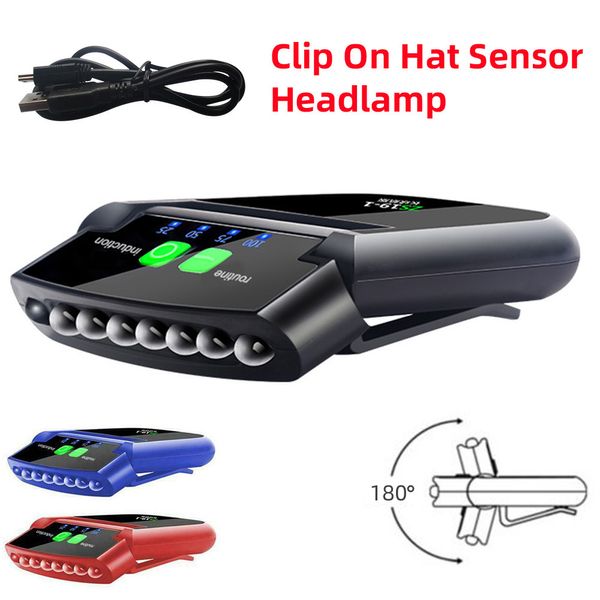Stirnlampen USB-Sonnenblende, LED-Licht mit Batterie, 2 Clip-Kappe, intelligenter Sensor, 180° drehbarer Scheinwerfer, Lauf- und Angellampe 230617