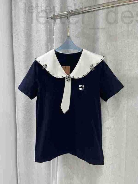 Felpe con cappuccio da donna Felpe firmate T-shirt stile blu marino Primavera/Estate Nuovo Perline Strass Cravatta Decorazione Raso Acido acetico Bordo ondulato Collo a polo Manica corta