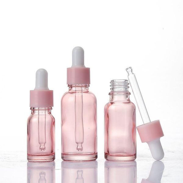 Frasco conta-gotas de vidro transparente rosa, 5ml 10ml 20ml 30ml 50ml 100ml soro óleo essencial frascos de perfume com pipeta reagente afliq