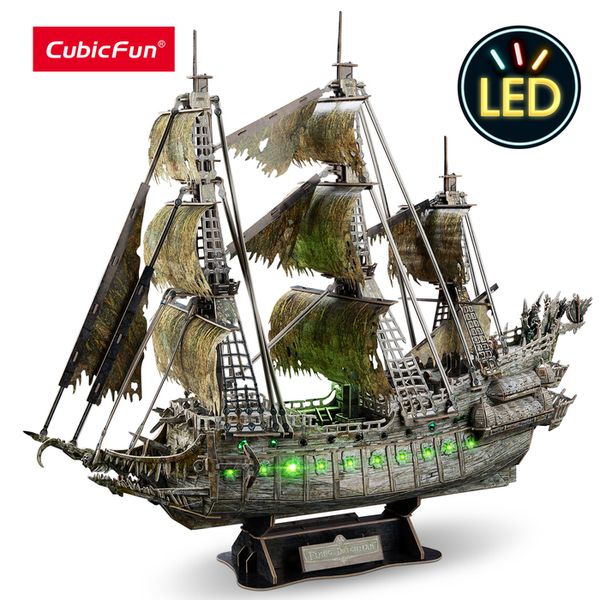 Quebra-cabeças 3D CubicFun Green LED Flying Dutchman Pirate Ship Model 360 Pieces Kits Lighting Building Ghost Sailboat Gifts for Adult 230616